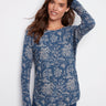 Blue sweater featuring a boat neck and abstract floral design, perfect for casual wear by Charlie B.