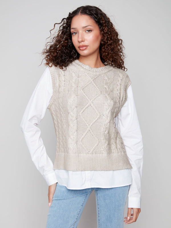 Gold foiled cable knit sweater vest with a fooler layered poplin shirt design, offering a chic and versatile look by Charlie B.
