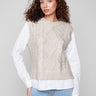 Gold foiled cable knit sweater vest with a fooler layered poplin shirt design, offering a chic and versatile look by Charlie B.