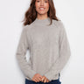 Heather light grey sweater with mock neck and ribbed hem, featuring raglan sleeves for a relaxed fit by Charlie B.