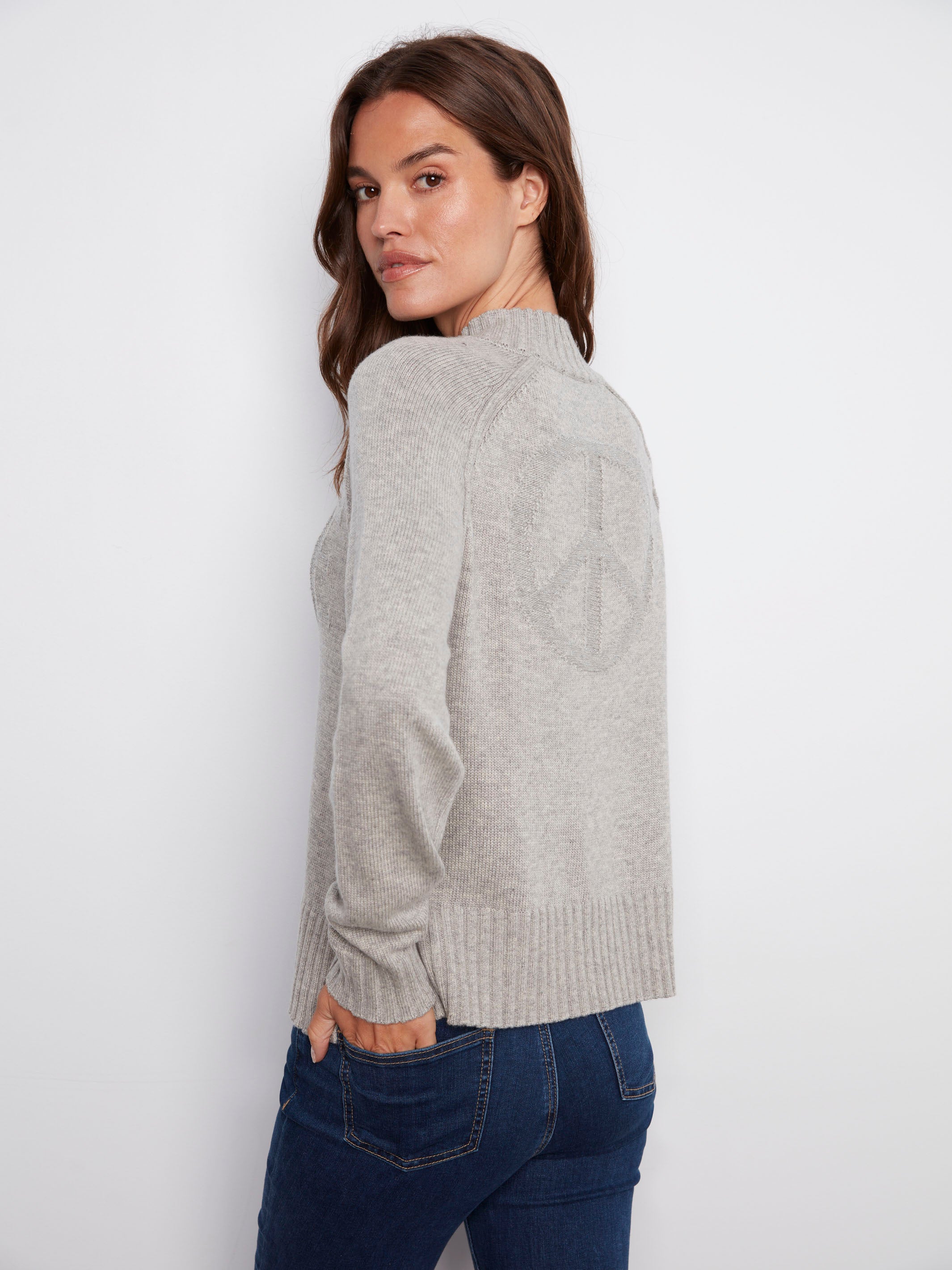 Heather grey sweater with PEACE jacquard pattern, designed with a mock neck and stylish raglan sleeves by Charlie B.