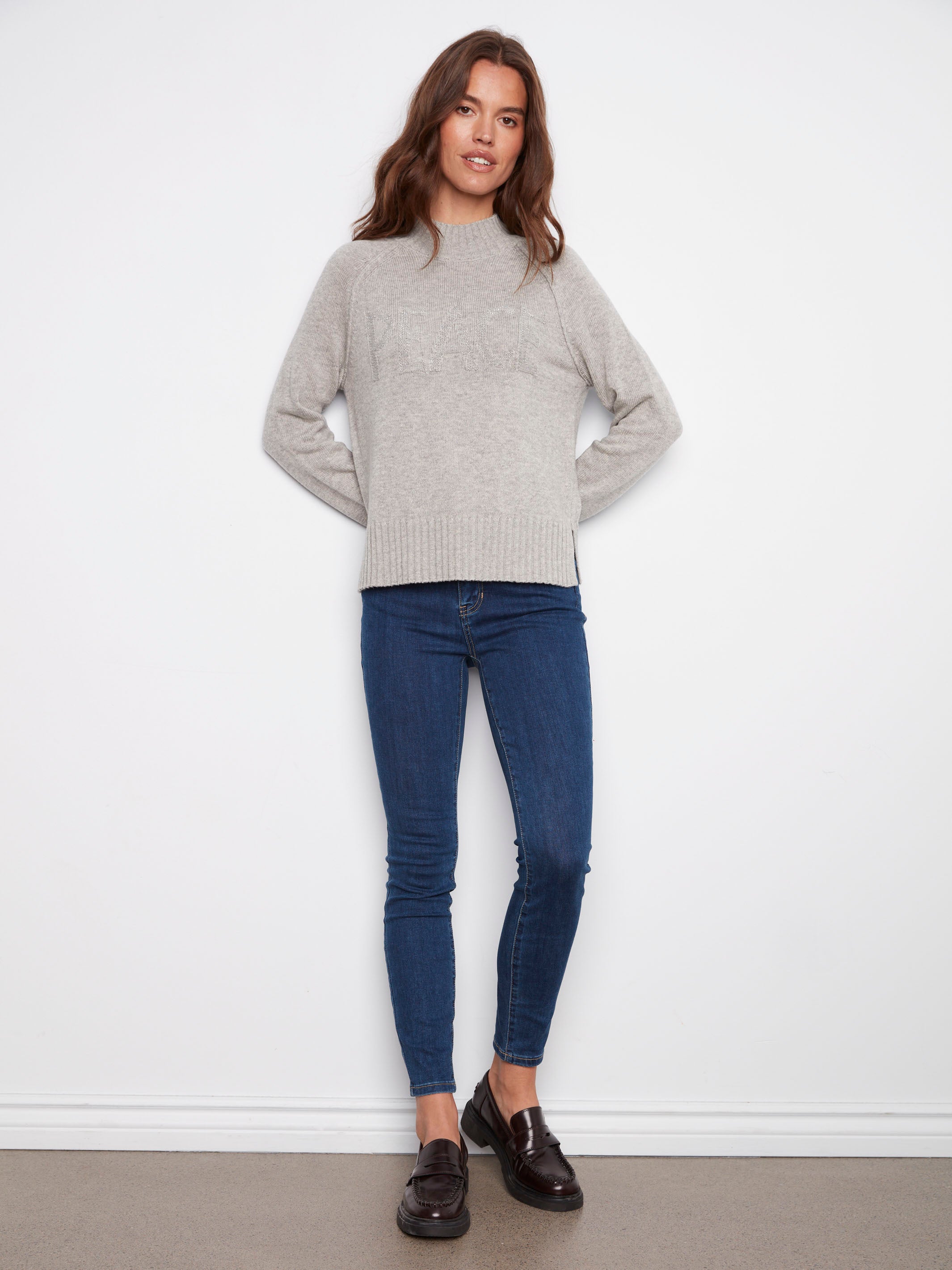 Jacquard mock neck sweater in heather light grey featuring subtle metallic detail and ribbed trim by Charlie B.