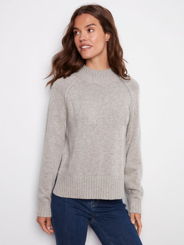 Light grey sweater crafted with raglan sleeves, PEACE jacquard design, and ribbed hemline for added style by Charlie B.