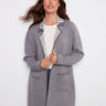 Heather grey cardigan featuring open front design and cozy contrast interior by Charlie B.
