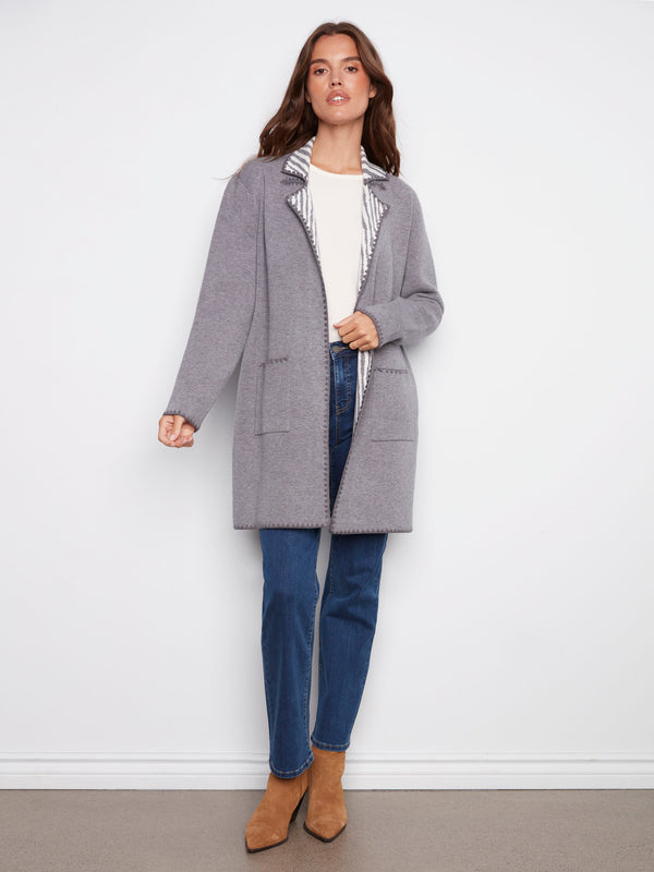 Long heather grey cardigan with stylish patch pockets and elegant stitching by Charlie B.