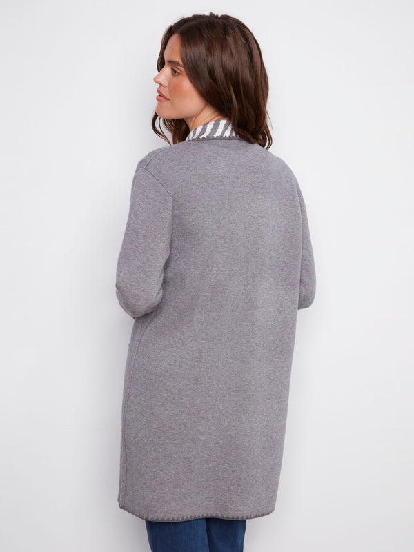 Elegant heather grey cardigan highlighting its modern open front style by Charlie B.
