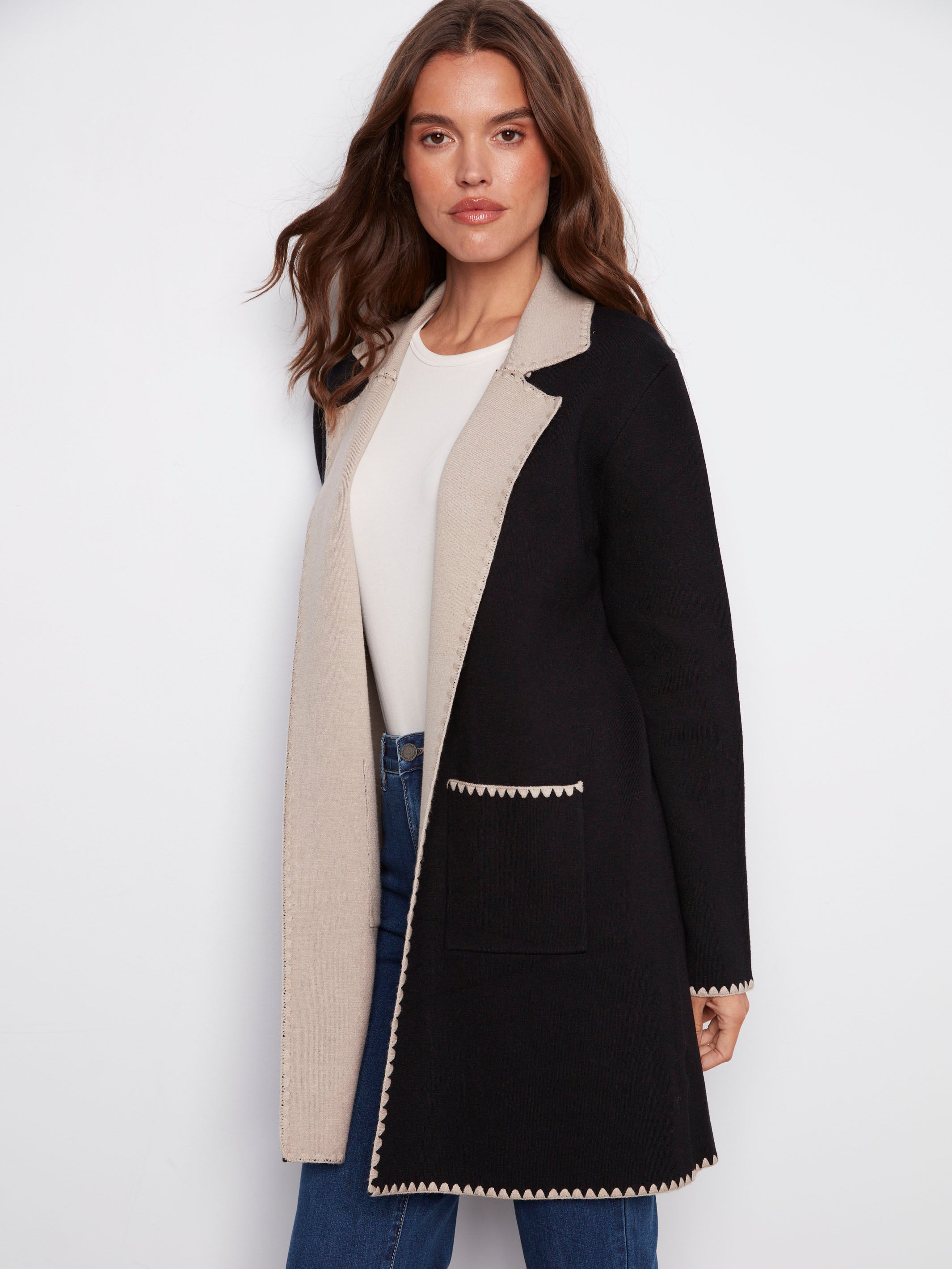 Stylish open front black cardigan, offering comfort and versatility by Charlie B.