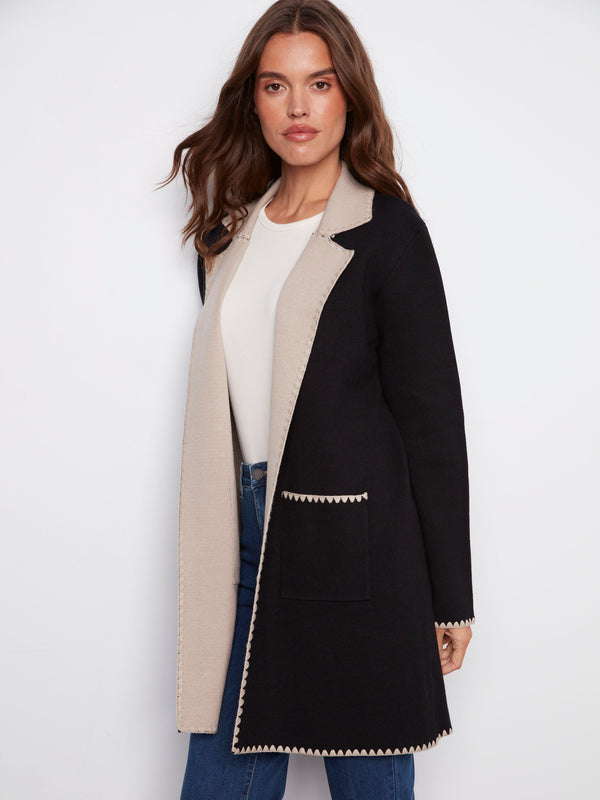 Stylish open front black cardigan, offering comfort and versatility by Charlie B.