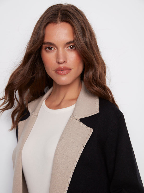 Chic black long cardigan with a stylish open front design by Charlie B.