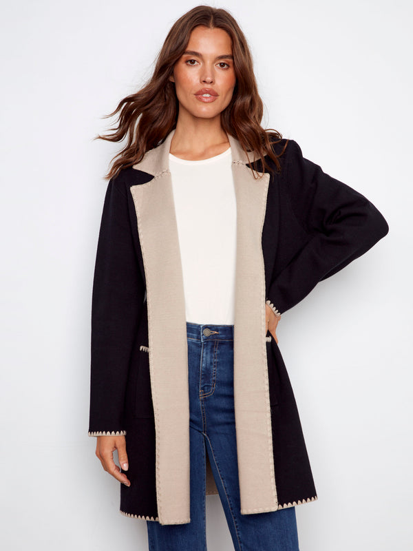 Blanket Stitch Long Cardigan - Black