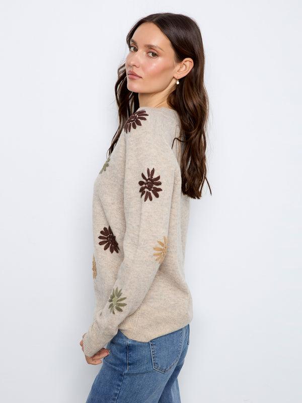 Floral Embroidered V-Neck Sweater - Heather Natural