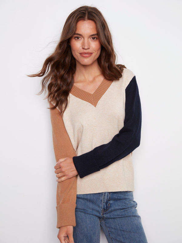 Colorblock V-Neck Sweater - Truffle