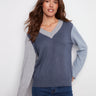 Elegant V-neck sweater featuring a stylish colorblock pattern in moonlight hues by Charlie B.