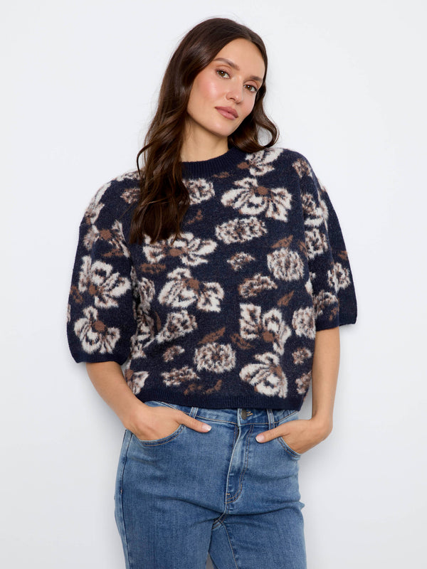 Balloon Elbow Sleeve Jacquard Knit Sweater - Victorian