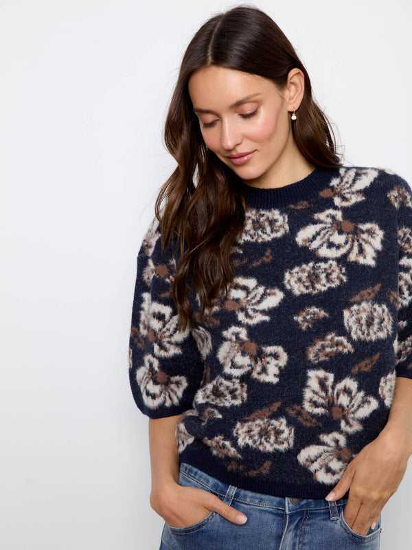 Balloon Elbow Sleeve Jacquard Knit Sweater - Victorian