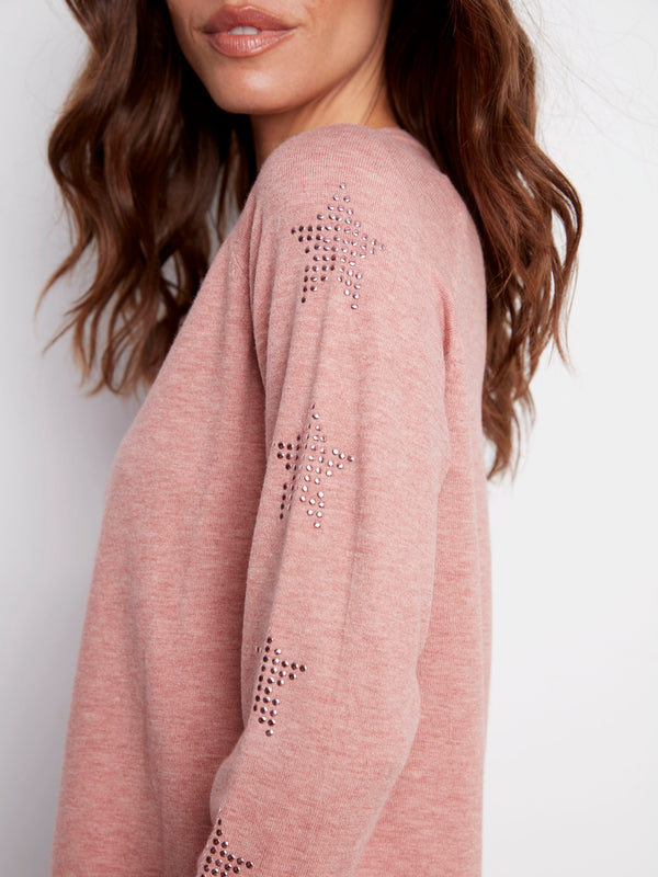 Crew Neck Sweater With Star Studs - Heather Primrose