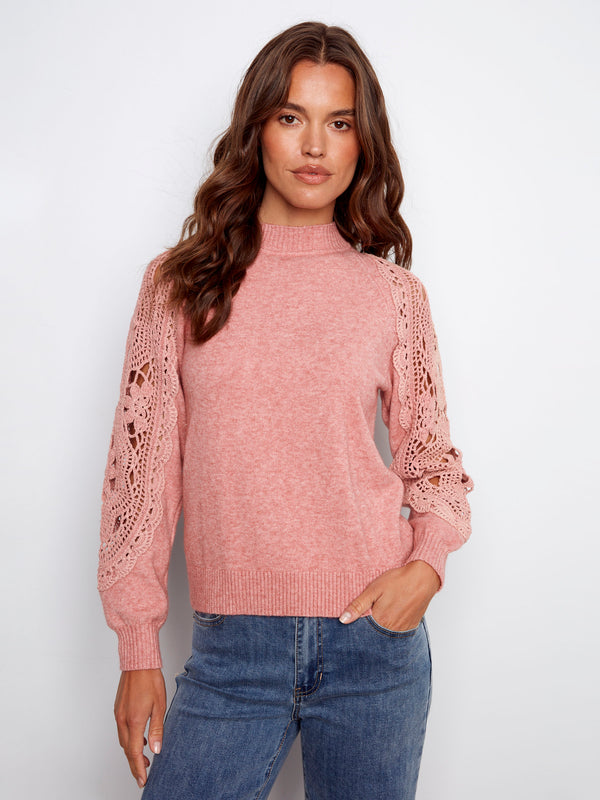 Mock neck sweater in heather primrose with ribbed texture for added style and comfort by Charlie B.