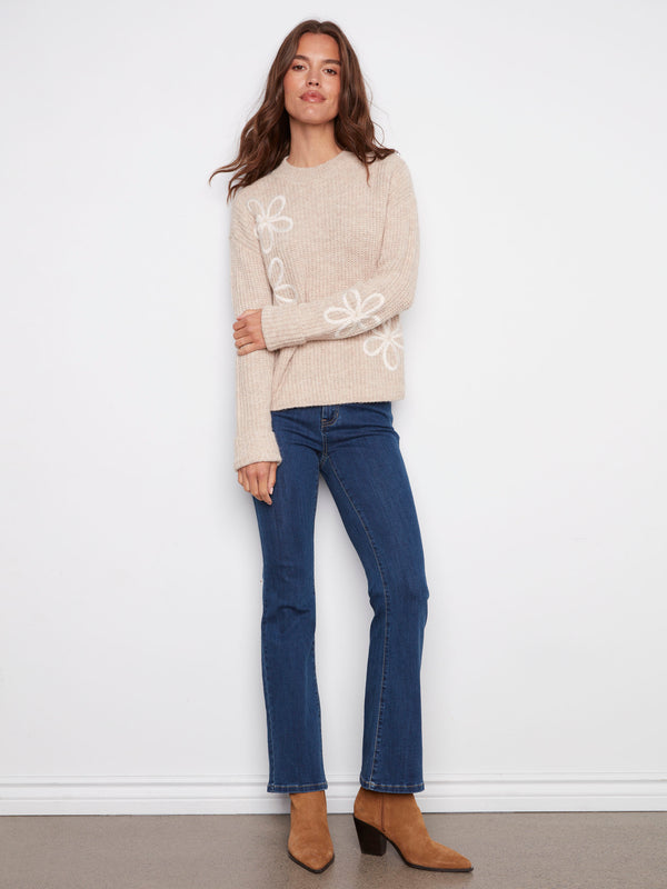 Mock Neck Floral Soutache Sweater - Heather Oat