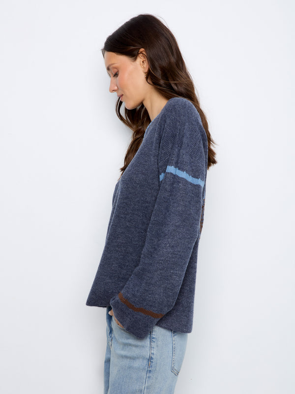 Embroidered Ribbed Sweater With Notch Neck - Heather Denim