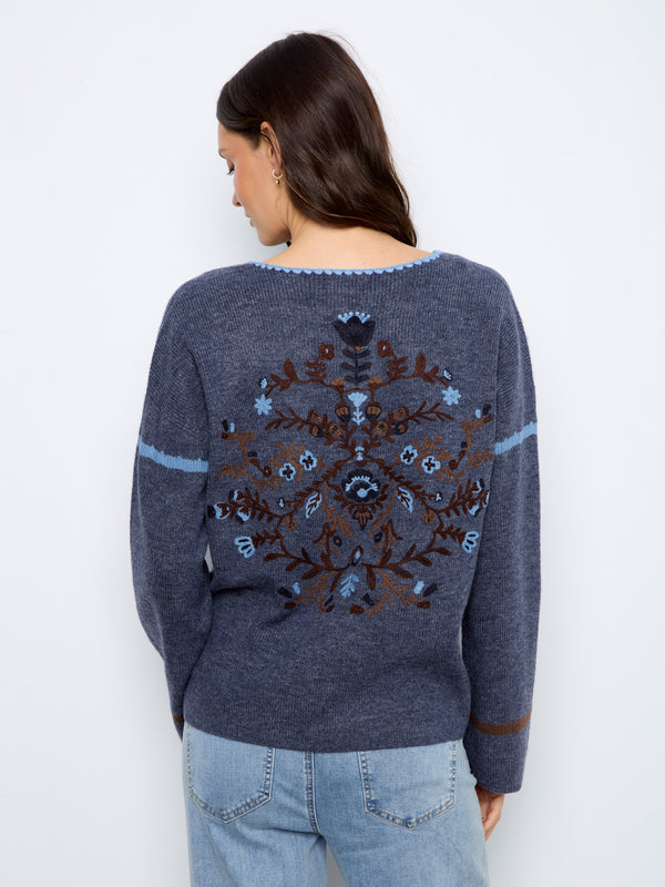 Embroidered Ribbed Sweater With Notch Neck - Heather Denim