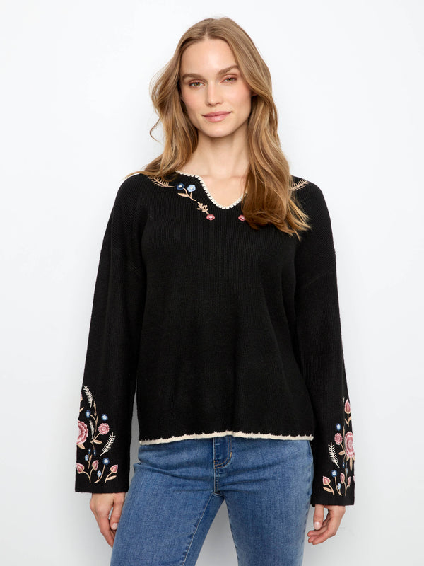 Embroidered Ribbed Sweater With Notch Neck - Black