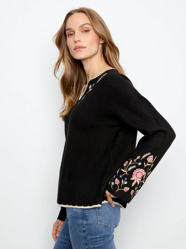 Embroidered Ribbed Sweater With Notch Neck - Black