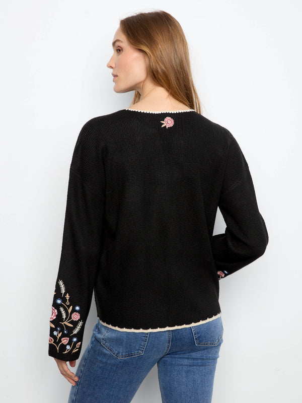 Embroidered Ribbed Sweater With Notch Neck - Black