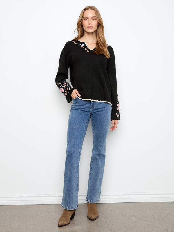 Embroidered Ribbed Sweater With Notch Neck - Black