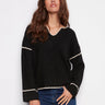 Black sweater featuring a drop shoulder design and white embroidery accents for a stylish look by Charlie B.