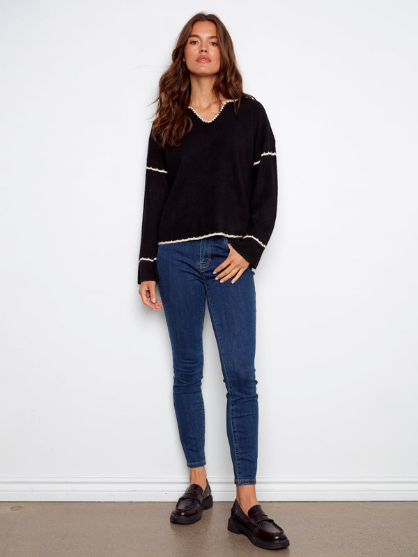 Embroidered Ribbed Sweater with Notch Neck - Black