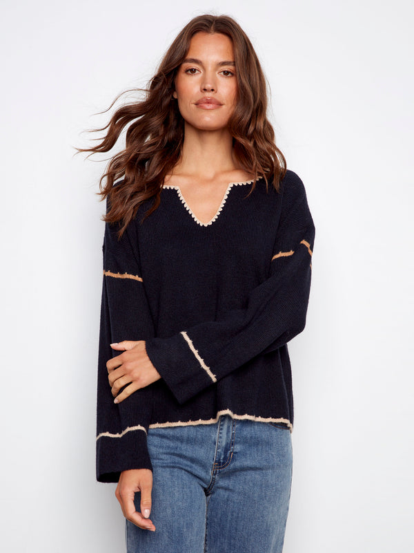 Chic navy long-sleeve sweater with notched neckline and cozy drop shoulders for an effortlessly stylish look by Charlie B.