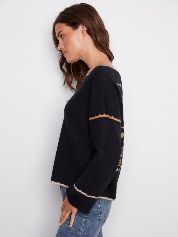 Stylish navy piece with embroidered back design that adds an artistic flair to your wardrobe essentials by Charlie B.