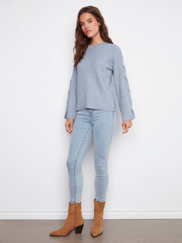 Classic crew neck in soft heather denim, ideal for versatile styling options by Charlie B.