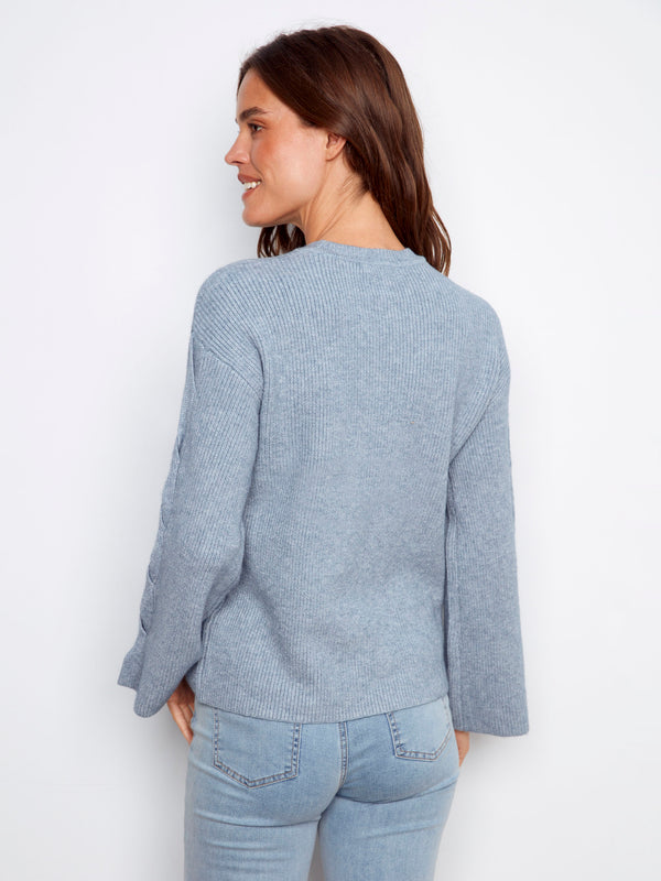 Crew Neck Sweater With Cable Sleeve Detail - Heather Denim