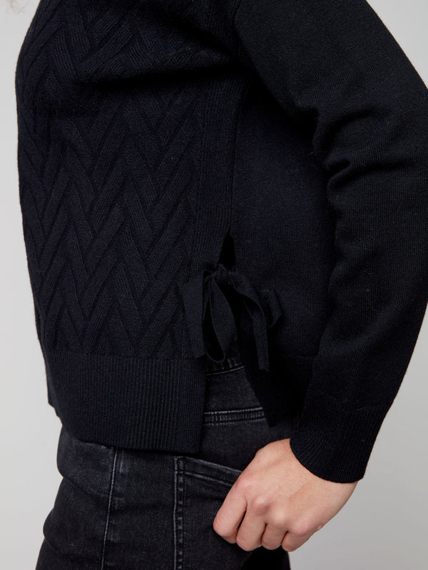 Elegant black cowl neck sweater with intricate chevron pattern and ribbed cuffs by Charlie B.