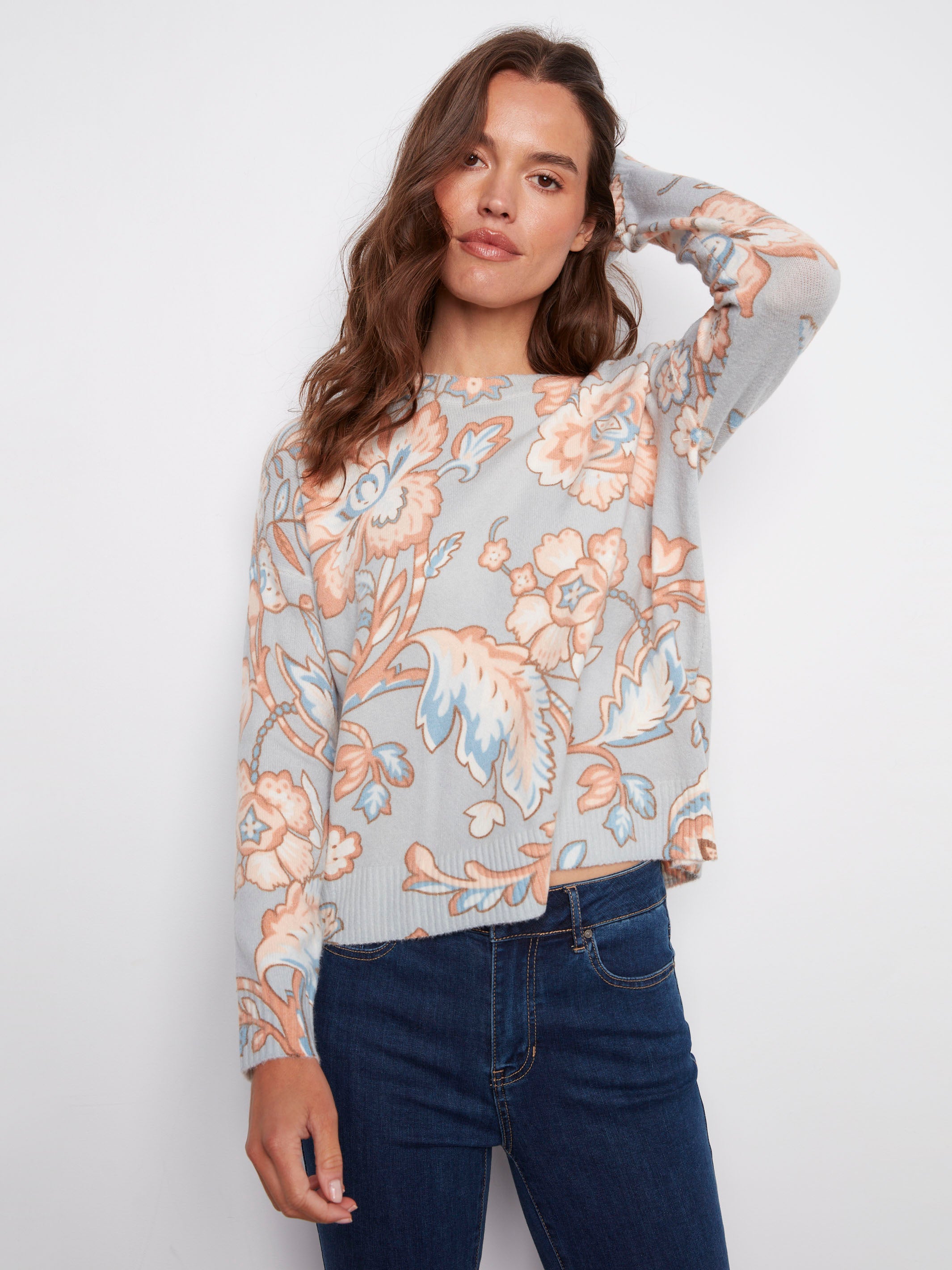 Baroque floral sweater featuring a cozy plush knit design, perfect for effortless style by Charlie B.