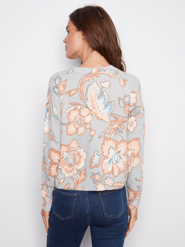 Chic baroque floral print sweater with dolman sleeves, offering a relaxed fit by Charlie B.