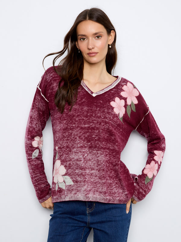 Reversible Floral V-Neck Sweater - Merlot