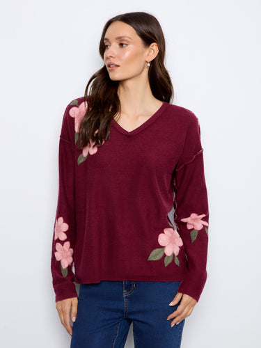 Reversible floral print sweater featuring a stylish V-neck and long sleeves for versatile wear by Charlie B.
