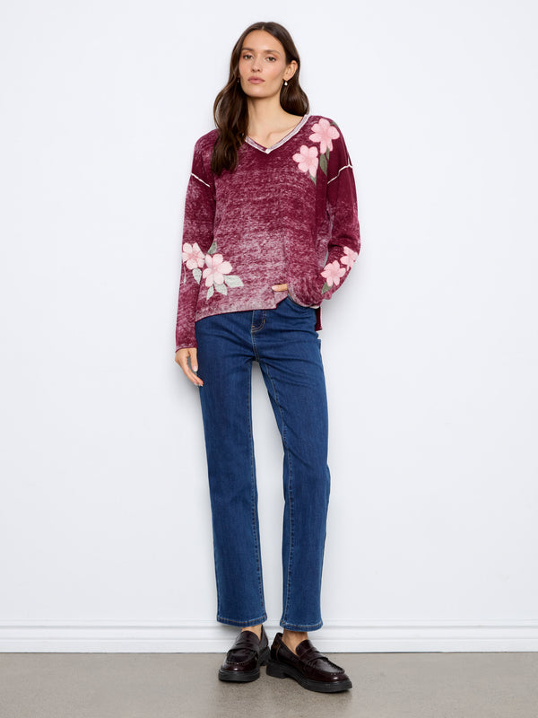 Reversible Floral V-Neck Sweater - Merlot