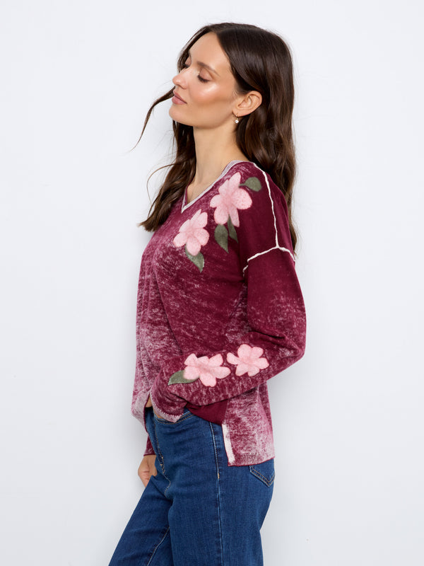 Reversible Floral V-Neck Sweater - Merlot