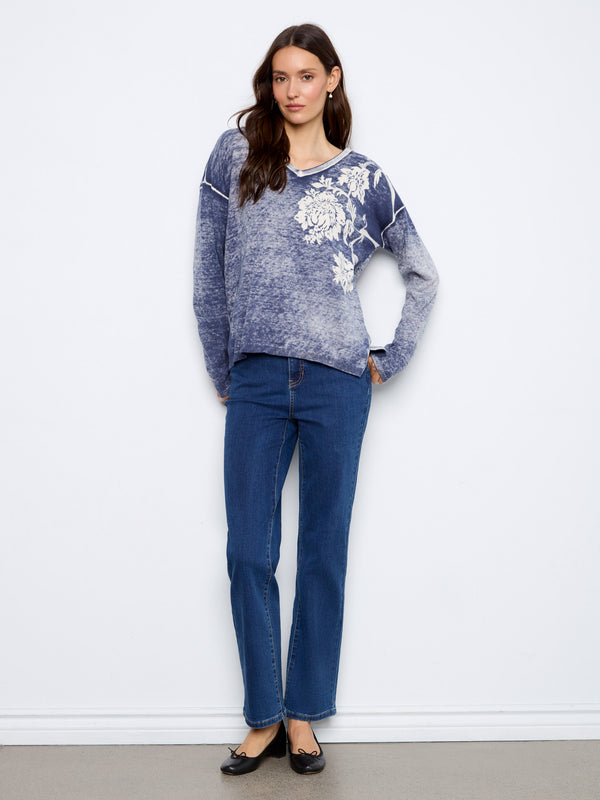 Reversible Floral V-Neck Sweater - Flowers