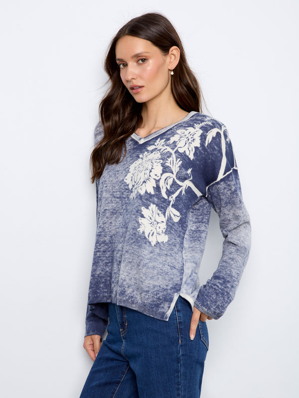 Reversible Floral V-Neck Sweater - Flowers