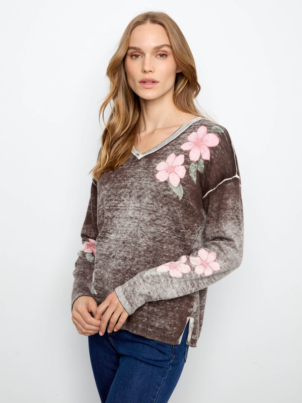 Reversible Floral V-Neck Sweater - Coffee
