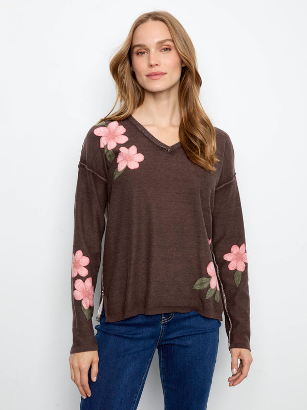 Reversible Floral V-Neck Sweater - Coffee