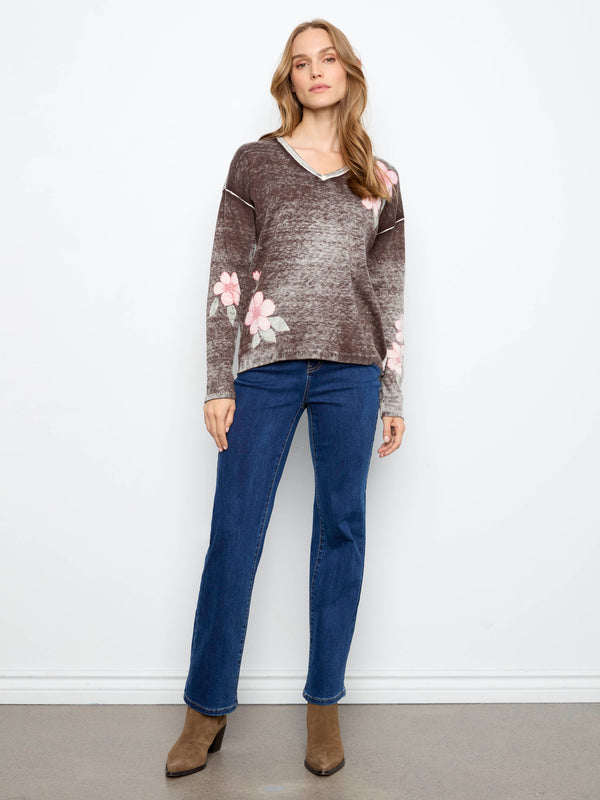 Reversible Floral V-Neck Sweater - Coffee