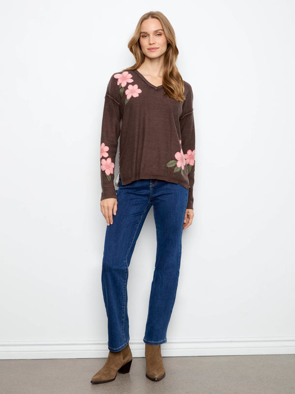 Reversible Floral V-Neck Sweater - Coffee