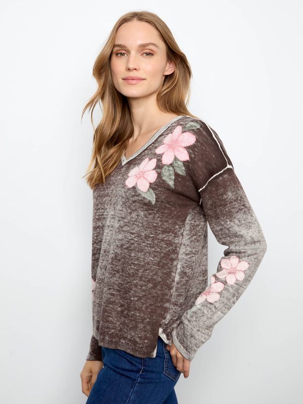 Reversible Floral V-Neck Sweater - Coffee
