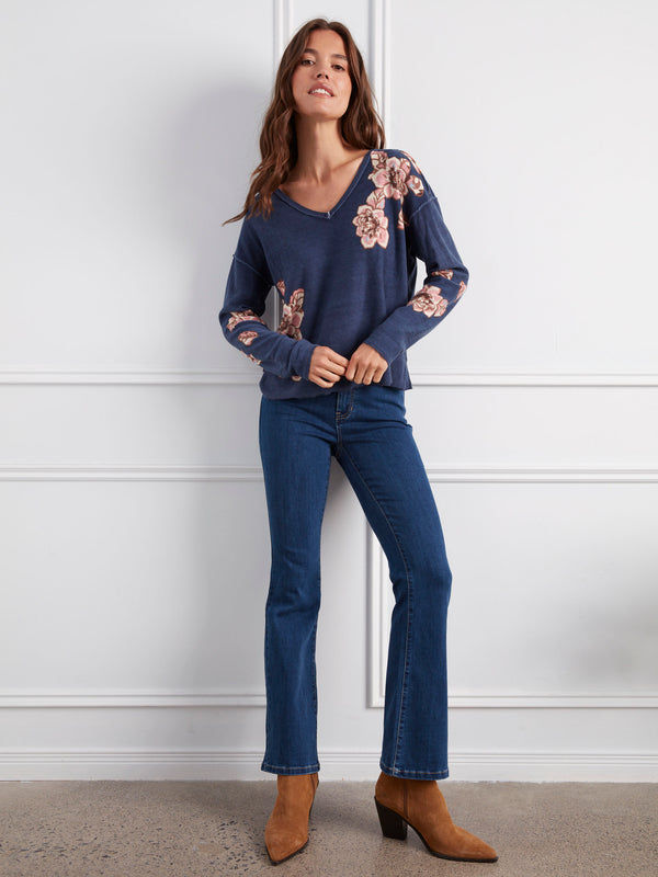 Reversible Floral V-Neck Sweater - Denim