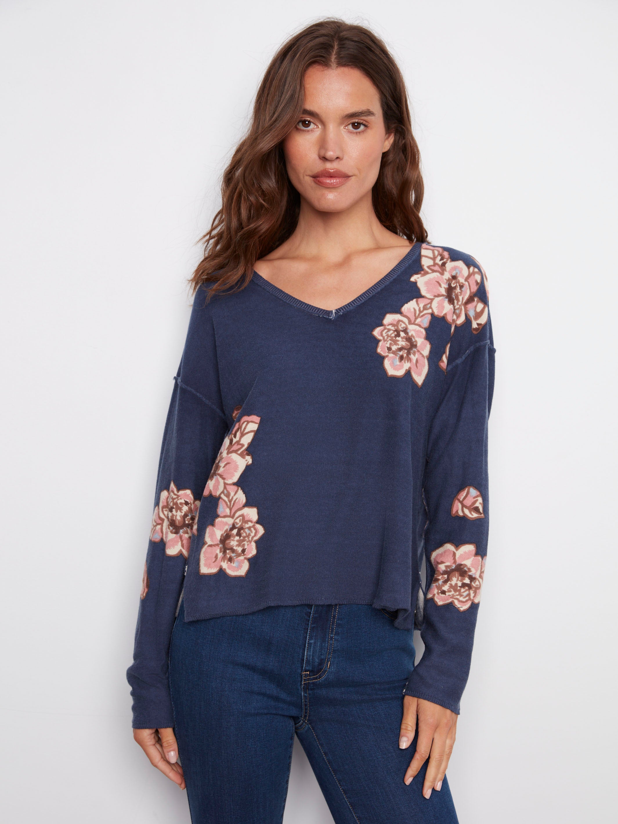 Floral print reversible sweater in denim blue with long sleeves for versatile styling by Charlie B.